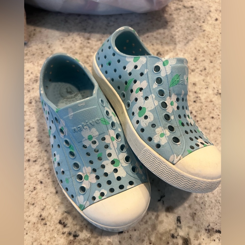 Native Shoes Kids Slip-On Sneakers in Light Blue with White Floral Print